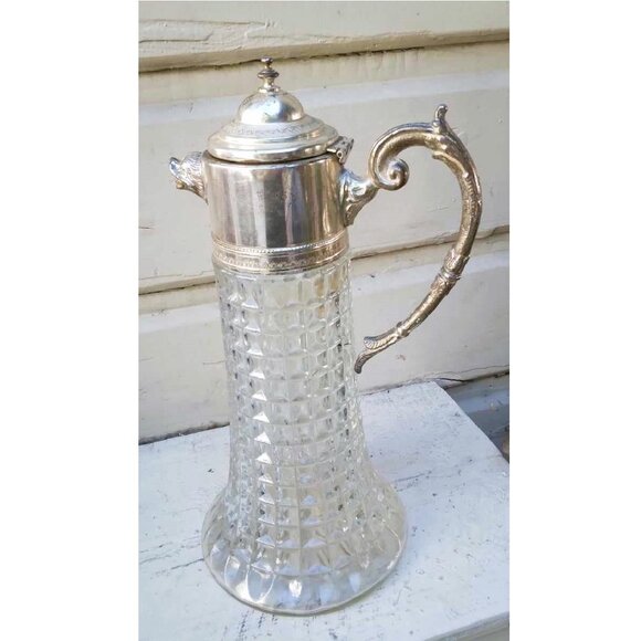 VTG Italian Diamond Point Crystal Decanter W/Silverplated Dog Head Spout/Han - Picture 2 of 11